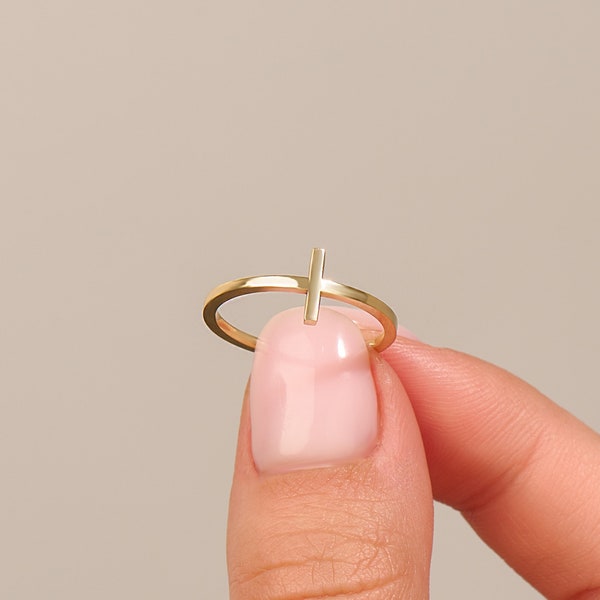 Kleine gewone kruisring, 14k massief goud zijwaarts kruisring, minimalistische christelijke ring vrouwen, eenvoudige geloofsring, geel roze wit goud