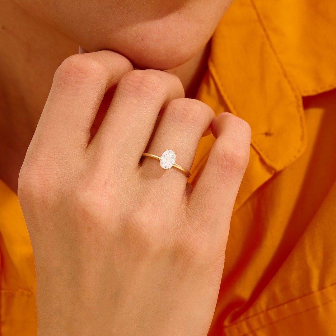 1ct Oval Cut Moissanite Solitaire Ring, Minimalist Classic Engagement