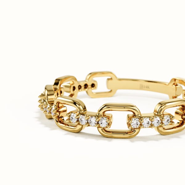 14k Gold Pave Diamond Chain Link Ring, Solid Gold Cable Link Stacking Band, Diamond Eternity Ring, Luxury Anniversary Gift for Wife
