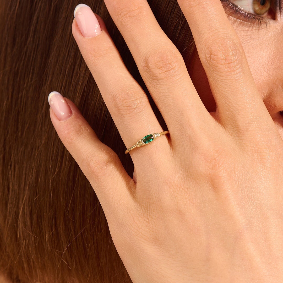14k Emerald Ring, Solid Gold Emerald Pinky Ring, Womens Green Emerald