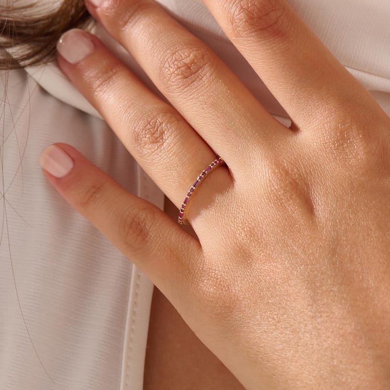 14K Solid Gold Ruby Eternity Ring Baguette Round Alternating Band ...
