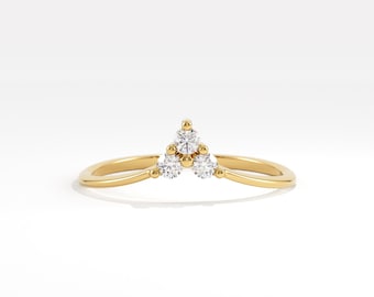 14K Solid Gold Trinity Ring, Diamond Three Stone Ring, Dainty Curved Stacking Wedding Band