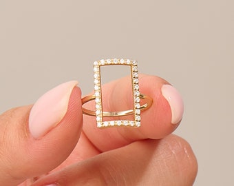 Rectangle Statement Ring, 14k Real Solid Gold Open Cut Out Ring, Unique Geometric Ring Women, Large Modern Frame Ring, Diamond Cz Pave Ring