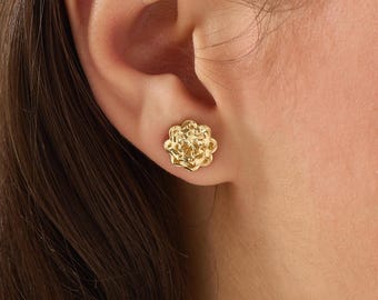 14K Solid Gold Rose Stud Earrings, Bold Textured Flower Studs, Gold Statement Earrings for Women, Modern Floral Earrings, Anniversary Gift