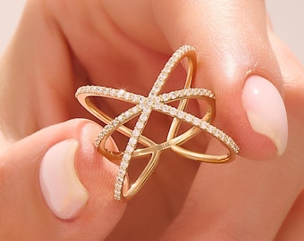 14K Solid Gold Criss Cross Ring – Bold Wide X Band with Pavé Moissanite