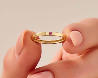 Ruby Wedding Band 14K Solid Gold, Dainty July Birthstone Ring for Women, Thin Stackable Minimalist Band, Gift for Wife