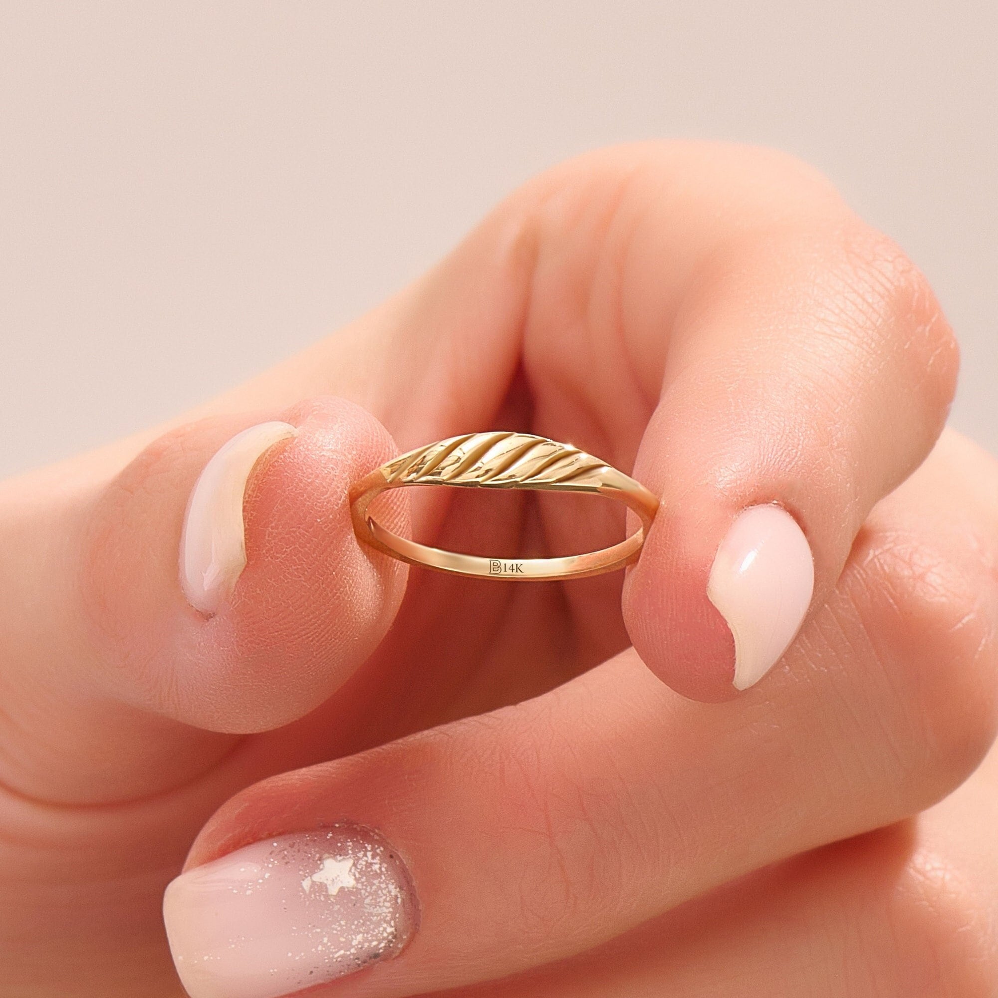 14k Solid Gold Tiny Croissant Ring Women Thin Dome Ring Dainty Pinky Ring Small Croissant Ring for Women Chunky Twist Dome Ring Jewelry Gift