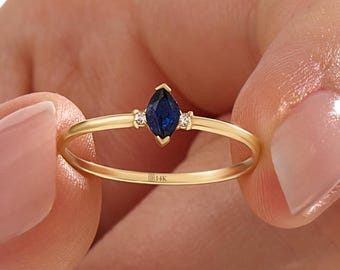 14K Solid Gold Sapphire Ring – Minimalist Blue Engagement Ring, Dainty Stacking Promise Ring, September Birthstone Gift for Her