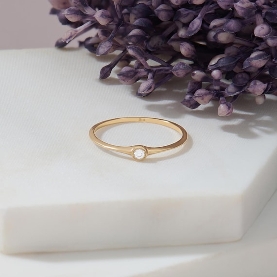 14k Gold Bezel Lab Diamond Ring – Minimalist Solitaire Promise Ring for Women, Stacking Jewelry