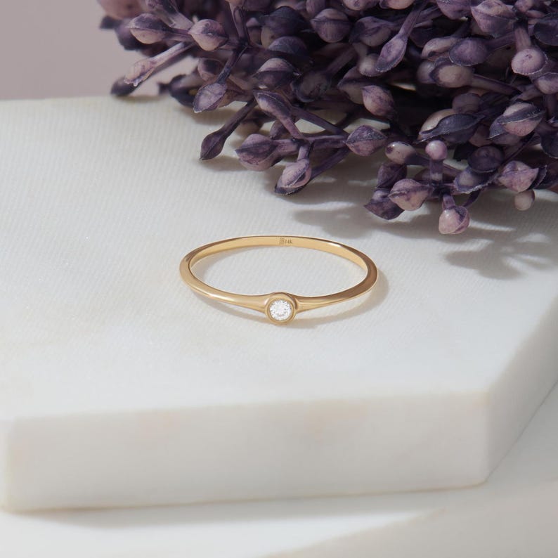 14k Gold Bezel Lab Diamond Ring – Minimalist Solitaire Promise Ring for Women, Stacking Jewelry image 1