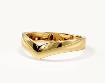 Chunky Chevron Wedding Band in 14K Solid Gold, 4.9mm Thick Curved V Ring, Bold Plain Wishbone Enhancer, Wide Stackable Contour Band for Her