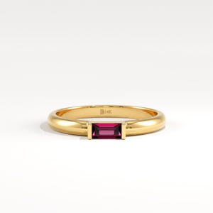 14K Solid Gold Baguette Ruby Ring, Minimalist Pink Gemstone Stacking Ring, July Birthstone Jewelry, Thin Gold Solitaire Ring, Gift for Her