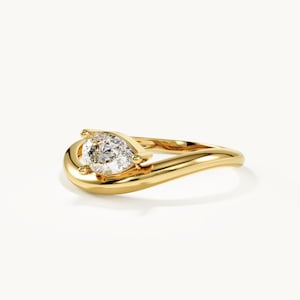 14k Solid Gold Pear Lab Diamond Ring Dainty Solitaire Engagement with Wave Band 18K