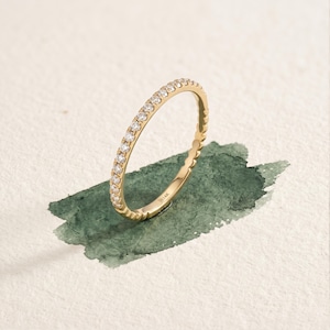 14k Solid Gold Half Eternity Ring, Ultra Thin Pave Wedding Band, Delicate Stackable Promise Ring, Unique Fine Bridal Jewelry