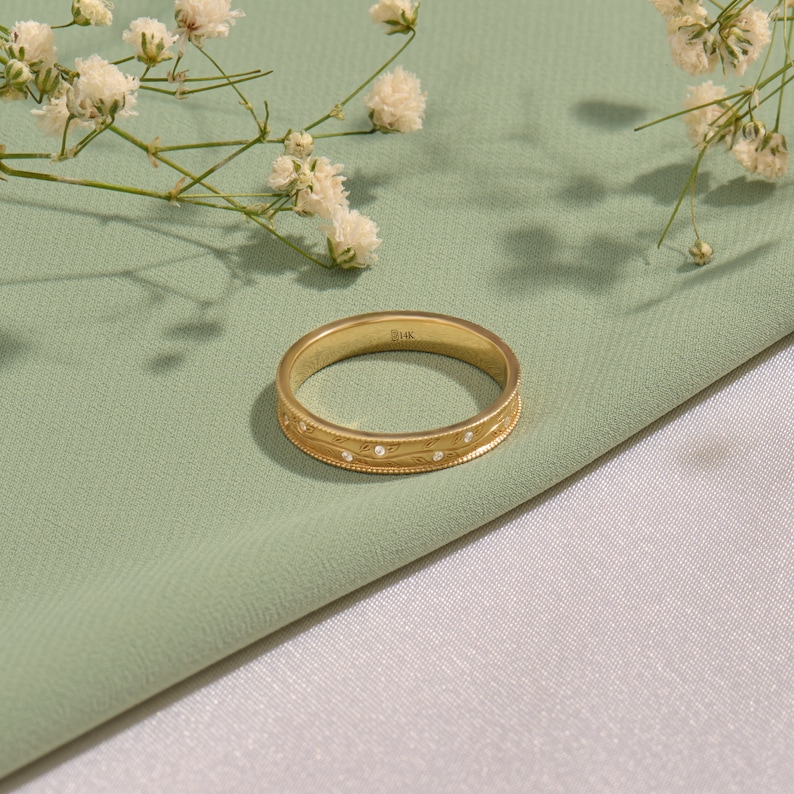 14k Gold Floral Wedding Band, Solid Gold Leaf Engraved Band, Womens Nature Wedding Ring, Minimalist Gold Ring, Dainty Flower Ring image 5