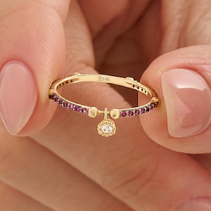 Dainty Dangle Birthstone Ring in 14k Gold, Custom Charm Stacking Ring, Minimalist Gemstone Jewelry, Tiny Hanging Stone Band, Birthday Gifts