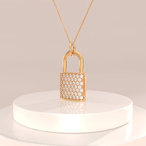 Pave Lock Pendant, 14k Solid Gold Love Lock Necklace, Minimalist Padlock Charm Necklace, Dainty Pave Cz Pendant, Women Everyday Necklace