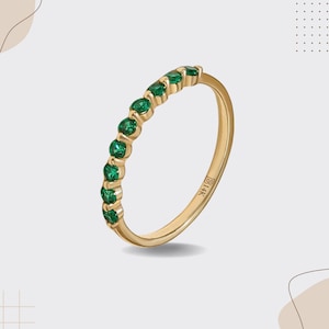 10k Solid Gold Emerald Stacking Ring – Minimalist Green Half Eternity Band for Women, Thin Layering Wedding Ring, Dainty Jewelry Gift