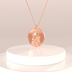 Solid Gold Mary and Jesus Pendant 14k Real Gold Virgin Mary Coin Necklace for Women Madonna Miraculous Medal Necklace Disc Everyday Charm image 4