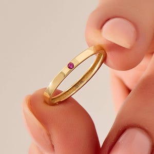 10K Solid Gold Slim Ruby Ring, Minimal Birthstone Wedding Band, Personalized Stacking Commitment Ring for Women