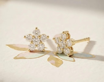 14K Solid Gold Lab Diamond Flower Stud Earrings | Daisy Cluster Studs, Minimalist Everyday Earrings