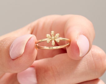 14k Gold Tiny Flower Promise Ring, Solid Gold Cute Engagement Ring, Minimalist Floral Ring for Women, Plain Everyday Ring, Handmade Jewelry