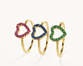 14K Solid Gold Heart Ring | Colored CZ Pave Heart, Dainty Birthstone Color Stacking Ring