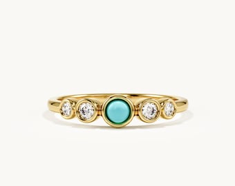 14K Solid Gold Natural Turquoise Ring | Bezel Moissanite Five Stone, December Birthstone Stacking Ring