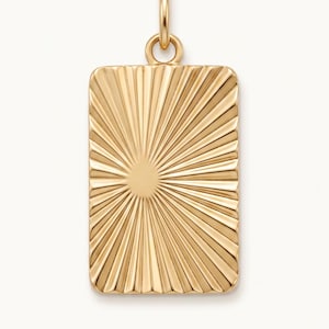 14K Solid Gold Rectangle Sunburst Necklace, Art Deco Starburst Medallion, Textured Gold Tag Pendant for Women, Celestial Jewelry Gift