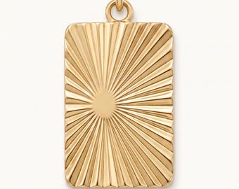 14K Solid Gold Rectangle Sunburst Necklace, Art Deco Starburst Medallion, Textured Gold Tag Pendant for Women, Celestial Jewelry Gift
