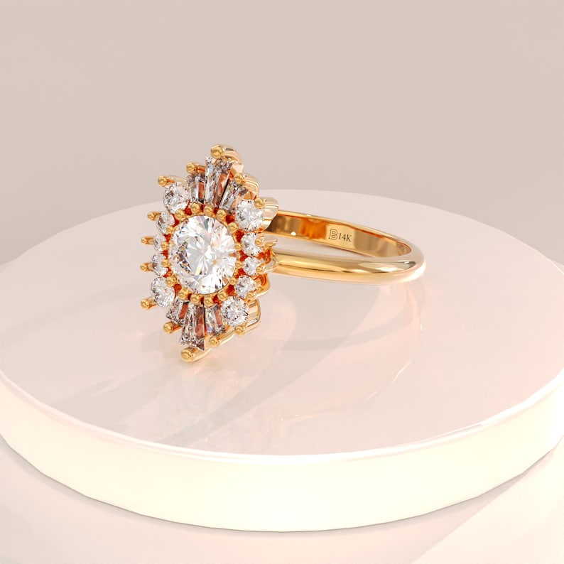 14k Solid Gold Sunburst Halo Ring, Unique Engagement Ring Women, Vintage Design Baguette Ring, Art Deco Anniversary Ring, Dainty Cz Ring image 2