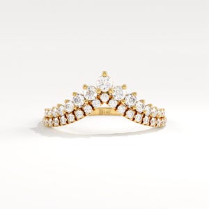 14K Solid Gold Double Row Tiara Ring, Curved Diamond Wedding Band, Crown Enhancer Ring,Chevron Stacking Band,Unique Anniversary Gift for Her