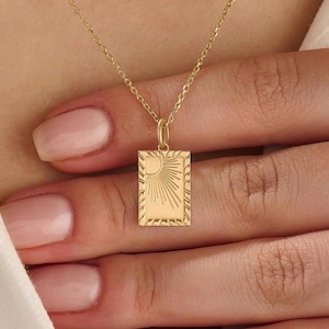 14K Solid Gold Sun Tarot Necklace, Sunburst Card Pendant Necklace, Celestial Gift for Her