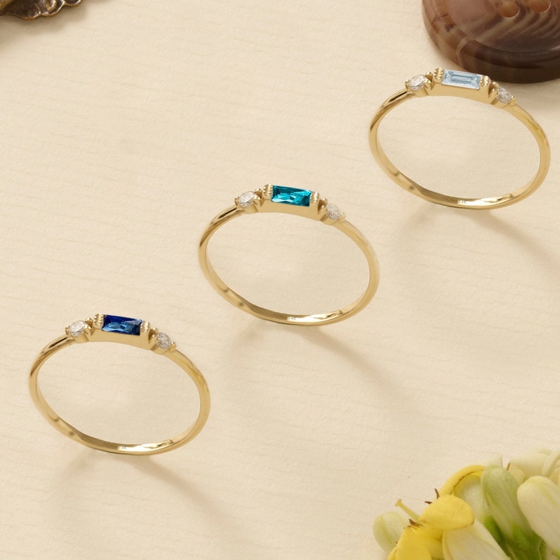 14k Solid Gold Birthstone Baguette Band Ring,Personalized Baguette Ring, Custom Birthstone Ring, Custom Gemstone Ring 