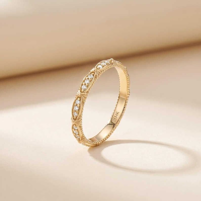 14K Solid Gold Art Deco Wedding Band | Vintage Milgrain Diamond Ring ...