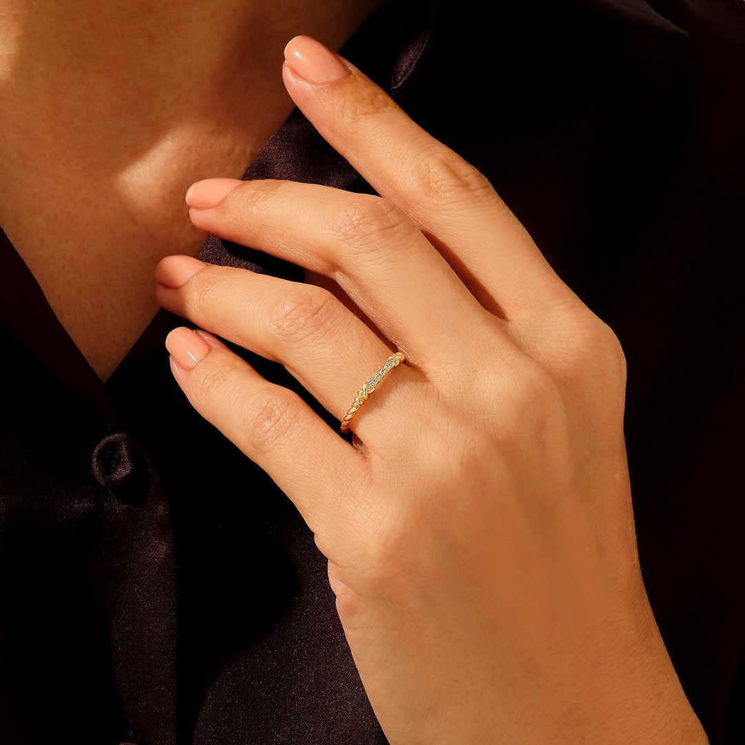 14k Solid Gold Twisted Knot Ring Tiny Pave Wedding Ring for Women