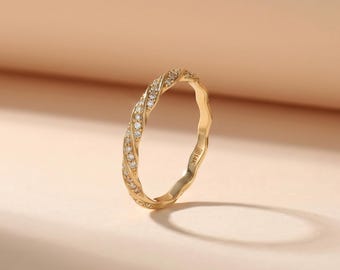 14K Solid Gold Twisted Wedding Band, Moissanite Infinity Ring, Pave Diamond Rope Ring, Unique Anniversary Band, Stackable Gold Ring for Her