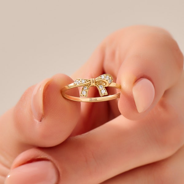 Lindo anillo de declaración de cinta, anillo de nudo de amor delicado de oro sólido de 14 k, anillo de promesa de pureza para mujeres, anillo diario de moda, anillo de bowknot mínimo