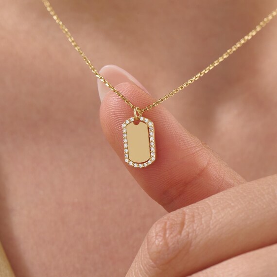 14k Solid Gold Signet Pendant Necklace – Personalized Gold Tag