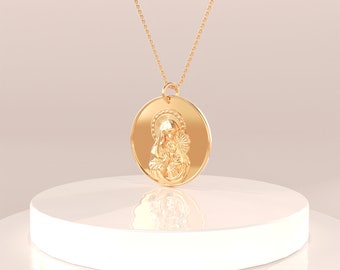 Solid Gold Mary and Jesus Pendant 14k Real Gold Virgin Mary Coin Necklace for Women Madonna Miraculous Medal Necklace Disc Everyday Charm
