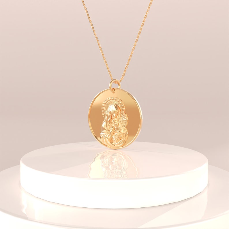 Solid Gold Mary and Jesus Pendant 14k Real Gold Virgin Mary Coin Necklace for Women Madonna Miraculous Medal Necklace Disc Everyday Charm image 1