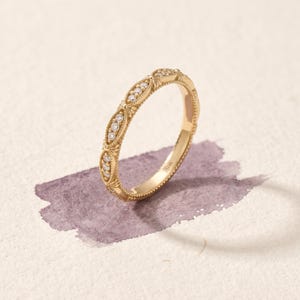 14k Solid Gold Art Deco Wedding Band, Vintage Milgrain Half Eternity Ring, Antique Style Victorian Stacking Band, Unique Fine Bridal Jewelry