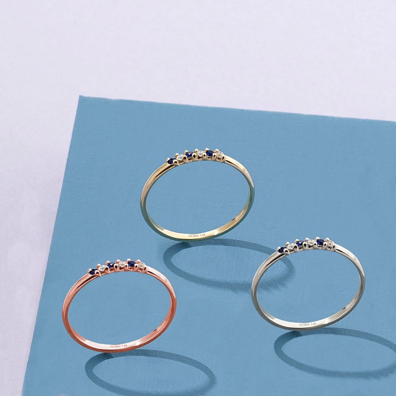 Sapphire Wedding Band, 14k Gold Stacking Rings Women, Solid Gold Blue Stackable Ring, Minimalist Thin Ring, Dainty Bridal Half Eternity Ring image 3