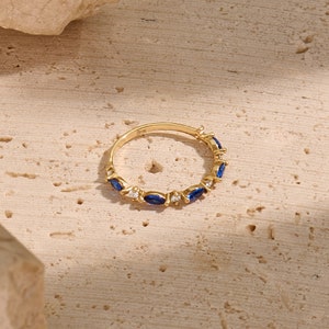 14k Solid Gold Sapphire Ring, Blue Sapphire Wedding Ring, Minimalist Marquise Band Eternity Ring, Dainty Stacking Ring,Jewelry Gifts for Her image 6