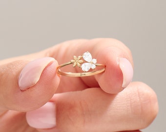 14k Solid Gold Butterfly Ring, Delicate Cute Floral Promise Ring, Cubic Zirconia Flower Ring for Women, Lab Created Diamond Handmade Ring