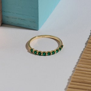 14k Gold Emerald Stacking Ring, Solid Gold Green Wedding Ring for Women, Minimalist Half Eternity Ring, Layering Ring, Thin Stackable Bands image 5
