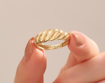 14k Gold Croissant Ring, Solid Gold Twisted Dome Ring, Chunky French Croissant Ring, Minimalist Twist Signet Ring, Handmade Jewelry Gifts