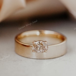 Champagne Moissanite Oval Cut Ring With Thick Band, Oval Cut Moissanite Engagement Ring, Oval Champagne Moissanite Diamond Engagement Ring