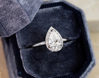 1.2ct Pear Moissanite diamond Engagement Ring With Halo and round Moissanite diamond, Pear Cut diamond ring for her, Pear halo diamond ring
