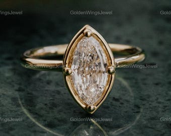 1.5ct Marquise Step Cut Moissanite Solitaire Ring, 14k Yellow Gold Solitaire Moissanite Ring, Step Cut Moissanite Ring, Bubble Prong Gift